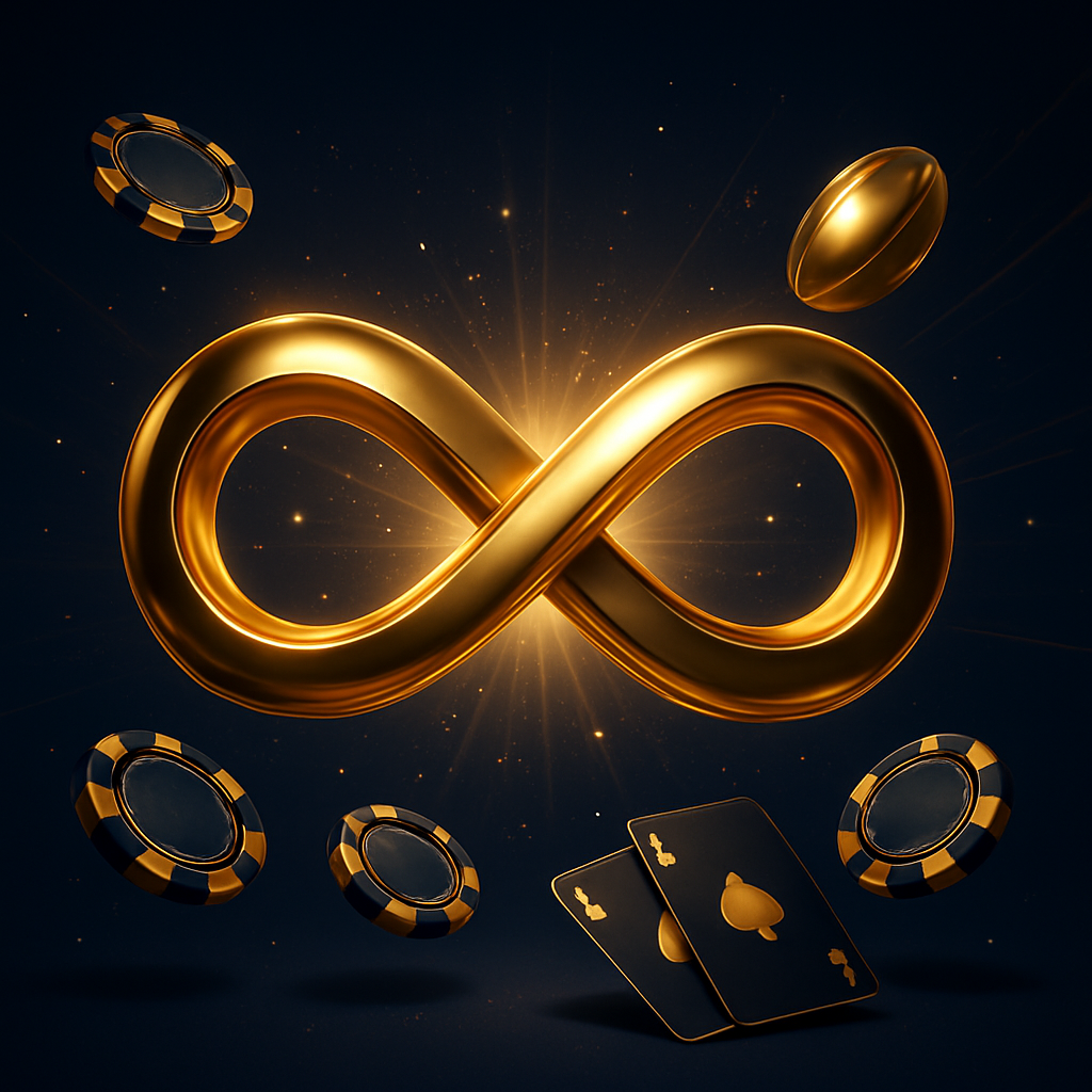 Goley90 altın sonsuzluk logosu, casino çipleri ve futbol topu ile tanıtım görseli